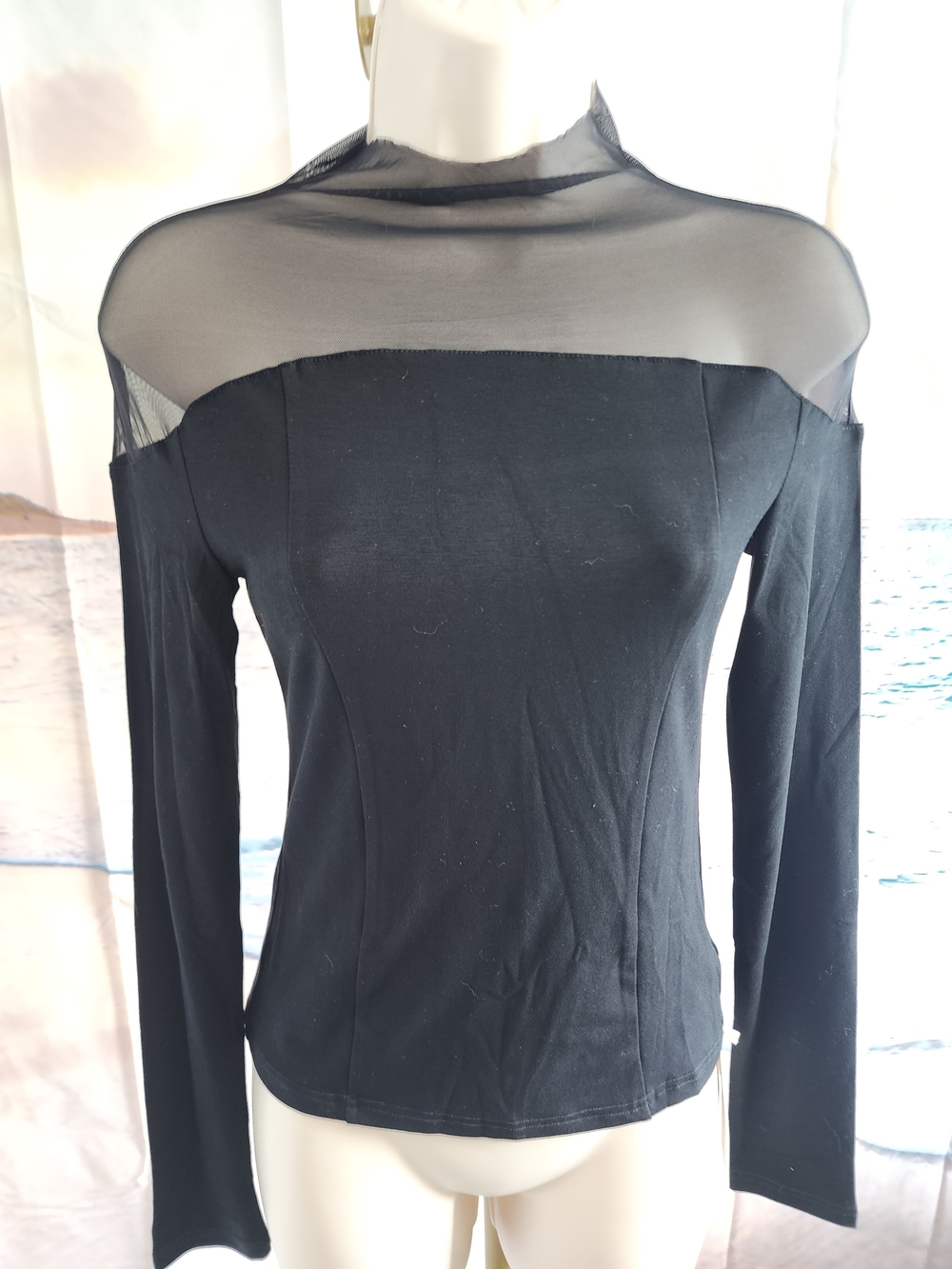 COMMENSE Women's Black Sheer Yoke Long-Sleeve Top - Picture 2 of 9